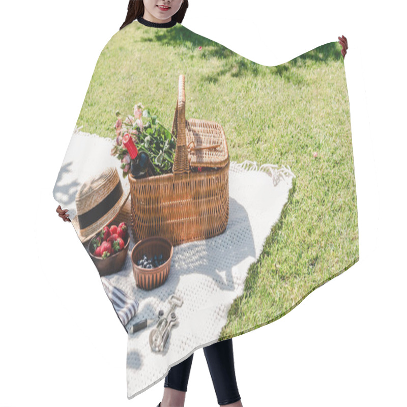 Personality  Wicker Basket With Roses And Bottle Of Wine On White Blanket Near Straw Hat, Cutlery On Napkin And Berries At Sunny Day In Garden Hair Cutting Cape