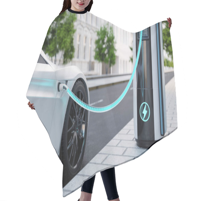 Personality  High-speed Charging Station For Electric Vehicles On City Streets With Blue Energy Battery Charging. Fuel Power And Transportation Industry Concept. 3D Illustration Rendering Hair Cutting Cape