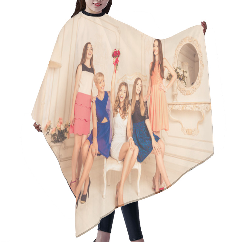 Personality  Cheerful Girls Celebrating A Bachelorette Party Hair Cutting Cape