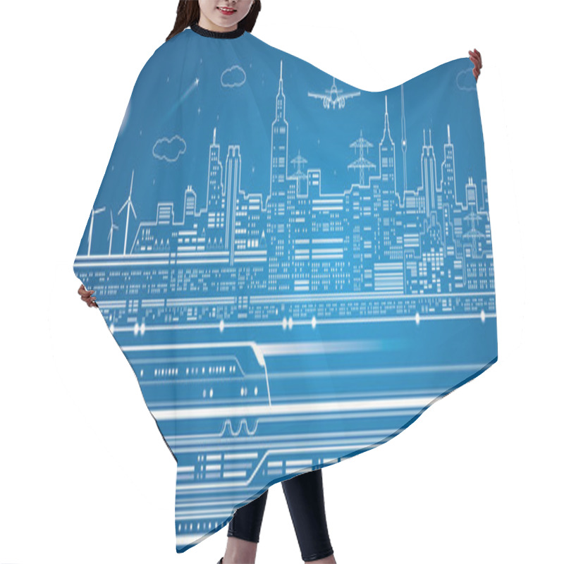 Personality  Vector Lines Train, Train On The Background Of The Light City, Train Go, Airplane Fly Hair Cutting Cape