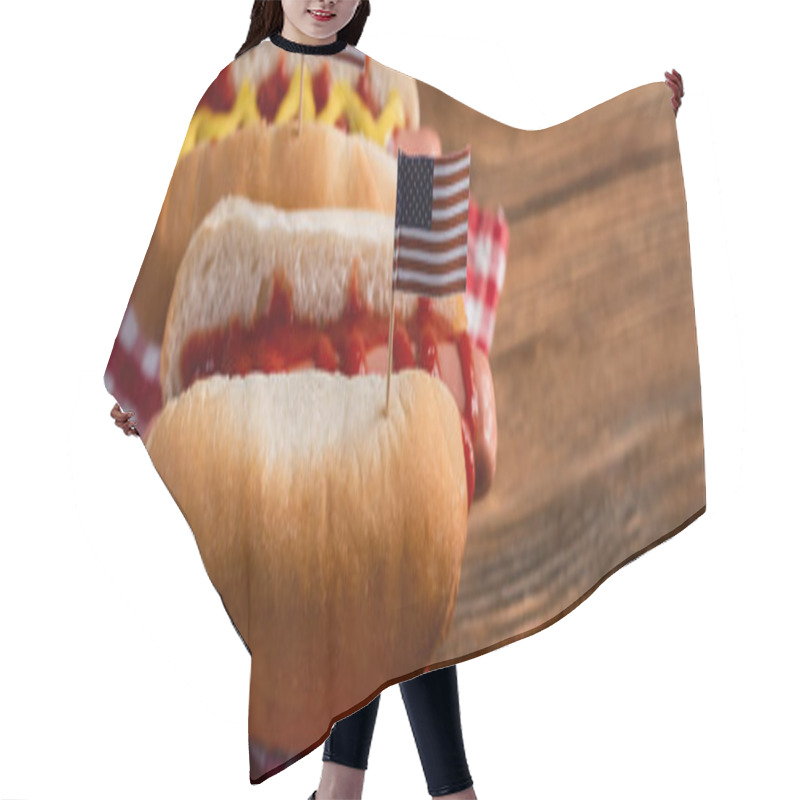 Personality  Tasty Hot Fogs With Small American Flags On Wooden Table, Banner Hair Cutting Cape