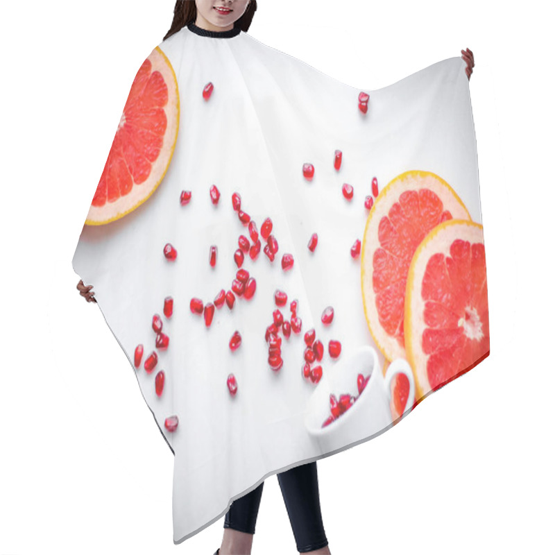 Personality  Bright Grapefruit Slices And Pomegranate Seeds On White Surface And In Espresso Coffee Cup Hair Cutting Cape