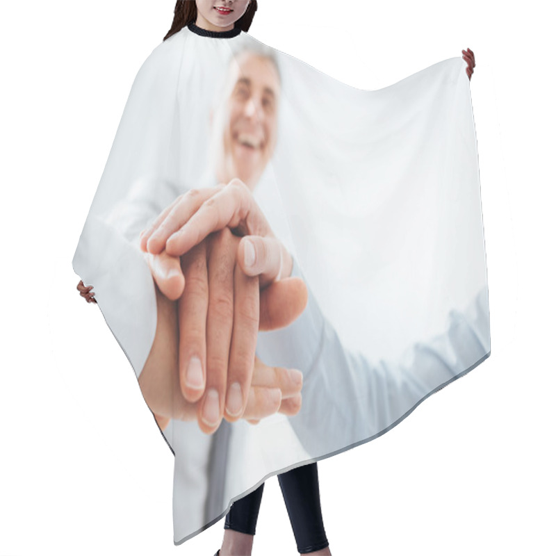 Personality  Cheerful Business People Stacking Hands Hair Cutting Cape