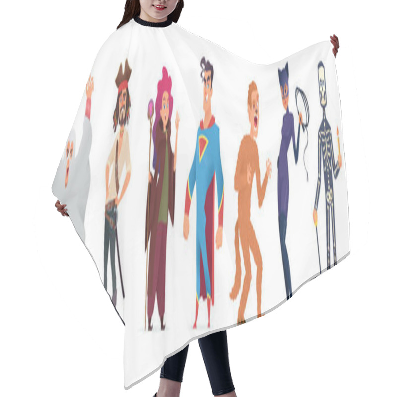 Personality  People In Costumes For Halloween. Character Design For A Happy Halloween Party. Vector Illustration. Hair Cutting Cape