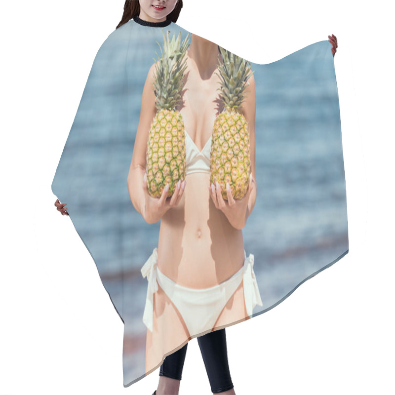 Personality  Cropped View Of Slim Girl In White Bikini Holding Fresh Pineapples Near The Sea Hair Cutting Cape