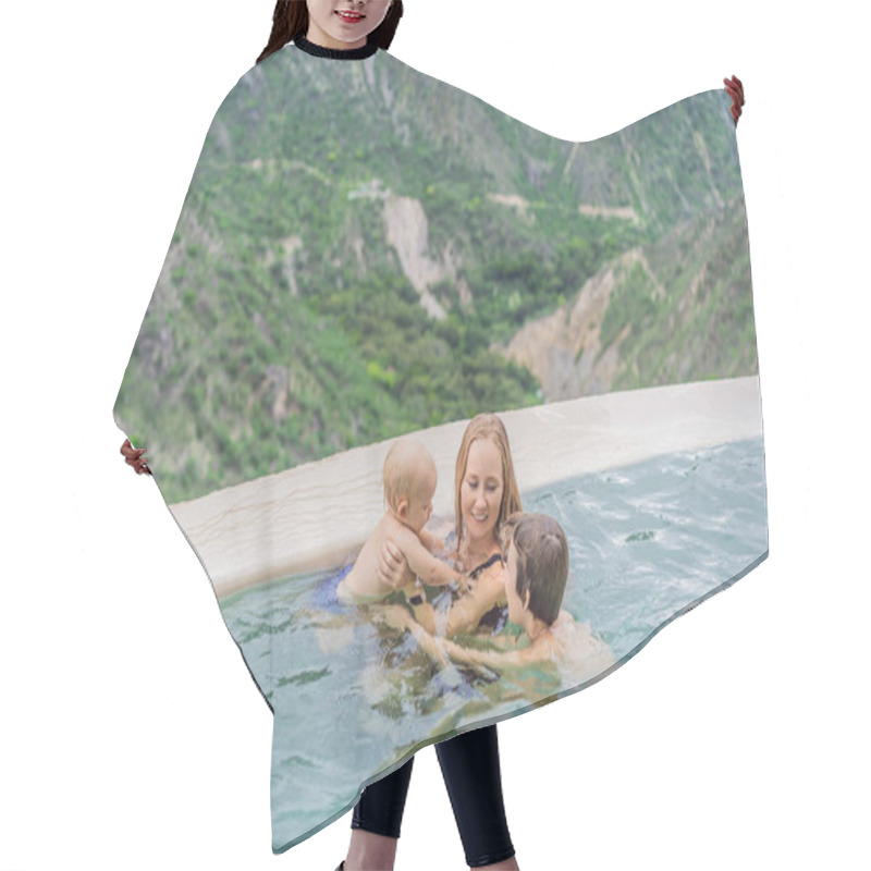 Personality  Mother With Her Toddler And Teenage Sons Bathing In The Hot Springs Of Grutas Tolantongo, Mexico. Family Adventure, Relaxation, And Natural Wellness Concept. Hair Cutting Cape