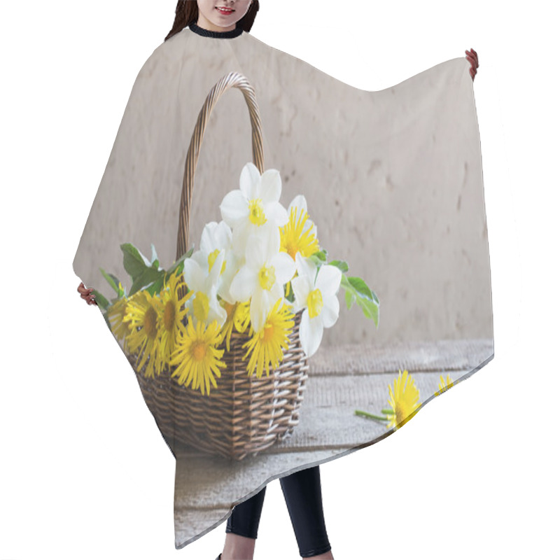 Personality  Spring Flowers In Basket On Wooden Background Hair Cutting Cape