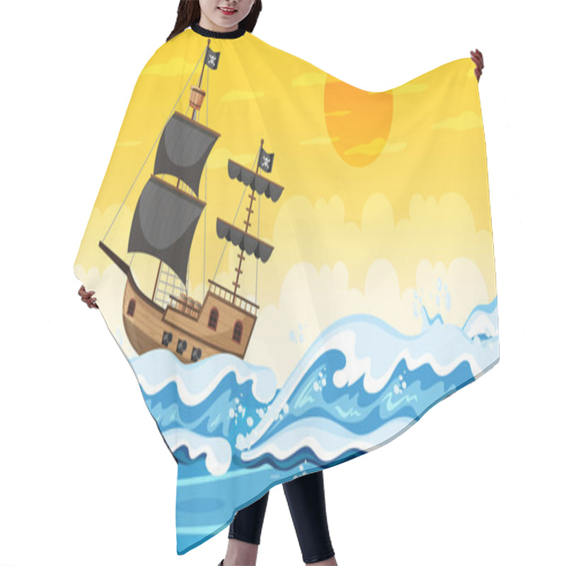 Personality  Ocean With Pirate Ship At Sunset Time Scene In Cartoon Style Illustration Hair Cutting Cape