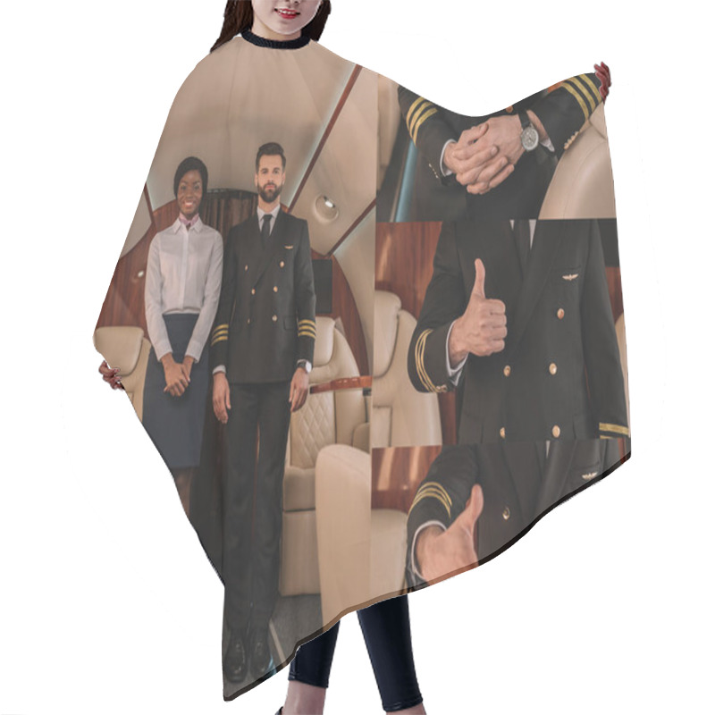 Personality  Collage Of Pilot At Smiling African American Stewardess Looking At Camera In Private Jet, And Cropped View Of Gesturing Pilot Hair Cutting Cape