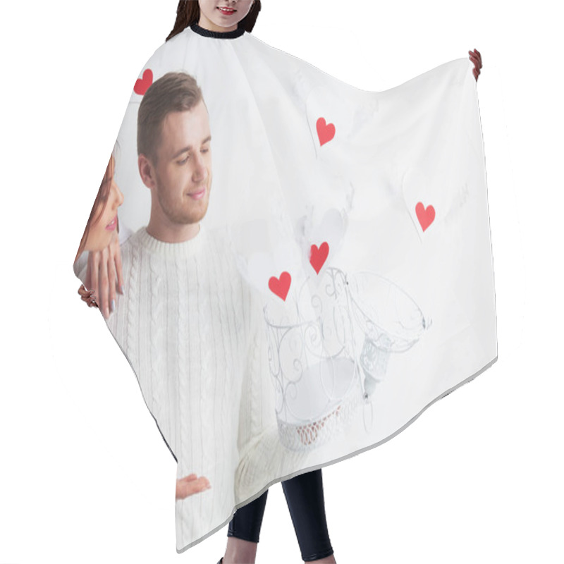 Personality  Couple Releasing Love, Man And Woman Open Cage With Winged Hearts Over White, Valentines Day Concept Hair Cutting Cape