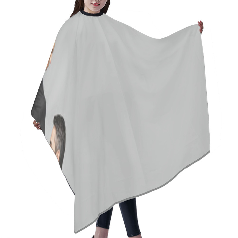 Personality  Side View Of Bearded Man In T-shirt Kissing Belly Of Trendy And Smiling Pregnant Wife In Black Dress And Standing Isolated On Grey, Growing New Life Concept, Banner With Copy Space  Hair Cutting Cape