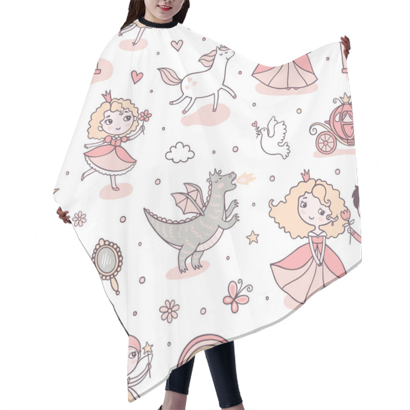 Personality  Children Fairy Tale Seamless Pattern. Adventures Of Princess. Vector Shapes On White Background. Ornament With Cartoon Pink And Grey Color Icons Hair Cutting Cape