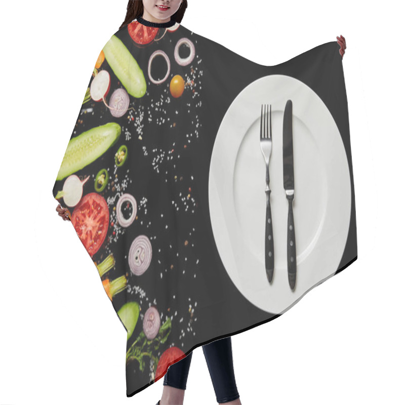 Personality  Top View Of Round Plate With Cutlery Near Vegetable Slices Isolated On Black Hair Cutting Cape