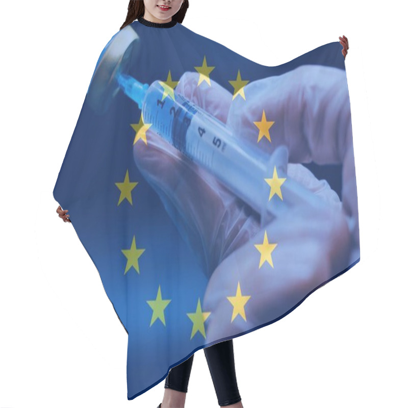 Personality  Doctor Wearing Latex Glove In A Lab While Preparing An Injection With The European Flag As Background Hair Cutting Cape