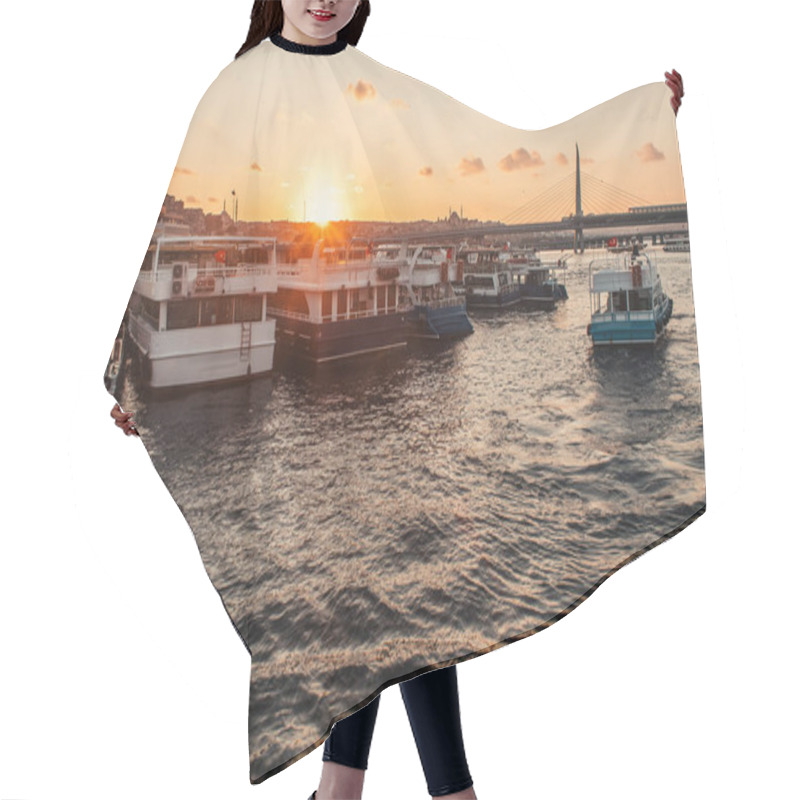 Personality  Moored Boats Near Coastline And Golden Horn Metro Bridge With Sunset Sky At Background, Turkey  Hair Cutting Cape