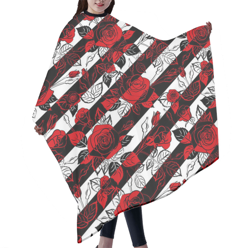 Personality  Red Roses Pattern Seamles Diagonal Stripes With Graphic Leafs Black And White Lines, Vector Repeat Tile Hair Cutting Cape