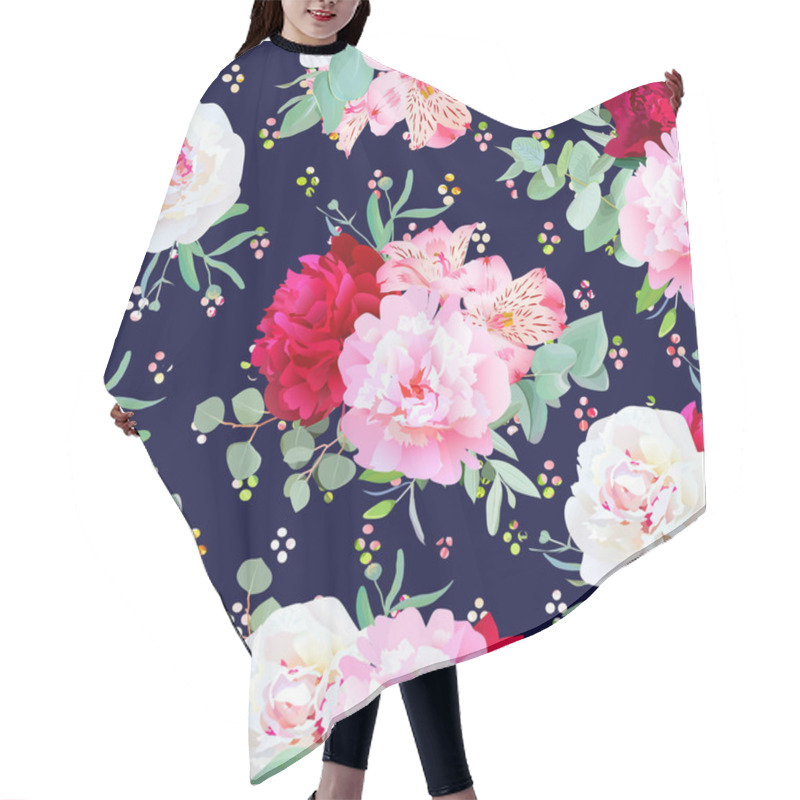 Personality  Navy Floral Seamless Vector Print With Burgundy Red And Pink Peo Hair Cutting Cape