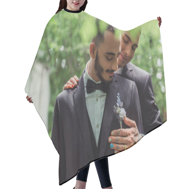 Personality  Cheerful Gay Man With Wedding Ring Hugging Groom In Formal Wear With Boutonniere Hair Cutting Cape