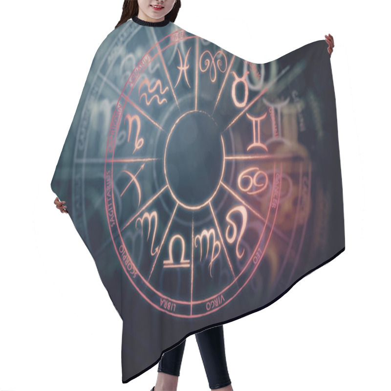 Personality  Zodial Sign Horoscope Cirlce On Dark Background. Creative Background. Tomorrow Concept. 3D Rendering  Hair Cutting Cape