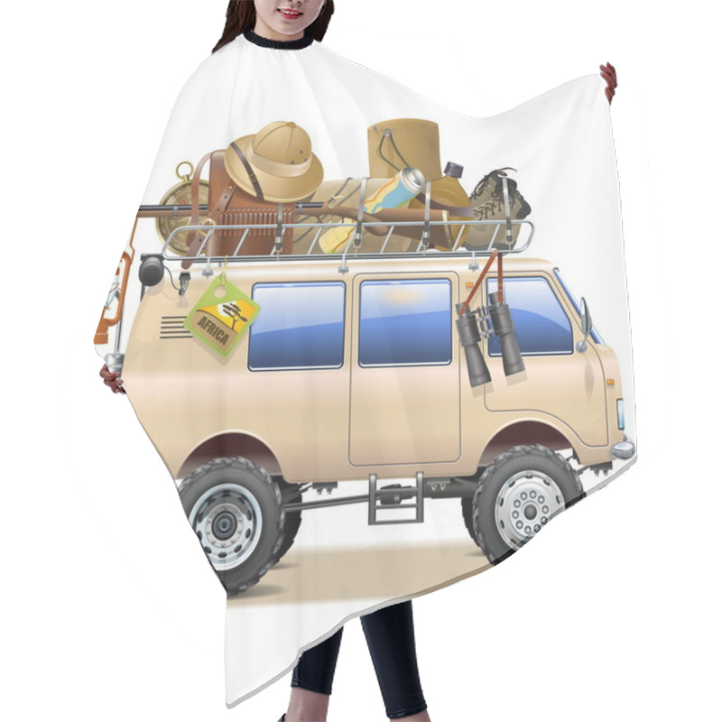 Personality  Vector Travel Car With Safari Accessories Hair Cutting Cape