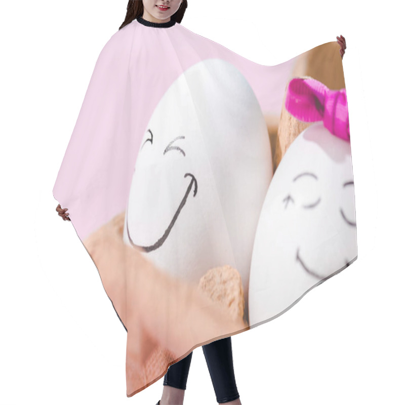 Personality  Close Up Of Eggs With Happy Face Expressions In Egg Carton Isolated On Pink Hair Cutting Cape