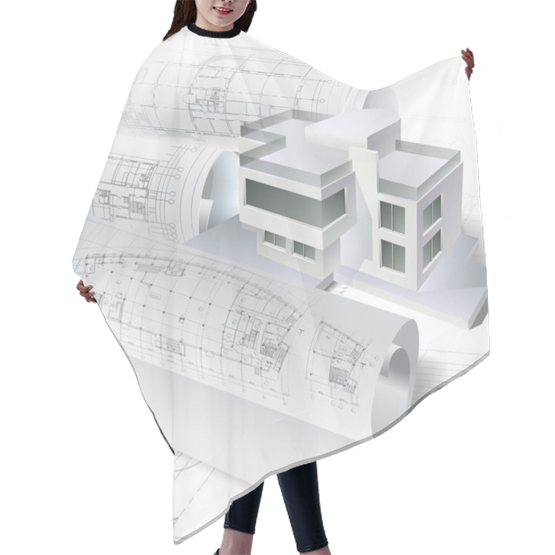 Personality  Architectural Background With A 3D Building Model And Rolls Of Drawings Hair Cutting Cape