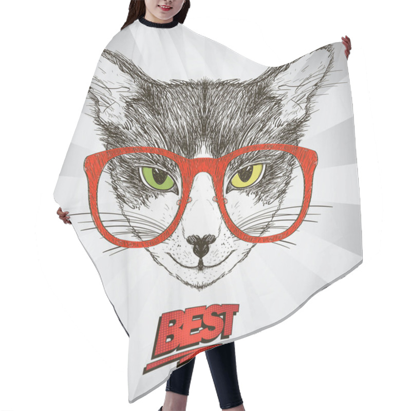 Personality  Graphic Poster With Hipster Cat Dressed In Red Glasses, Against Pop-art Background With Rays Hair Cutting Cape