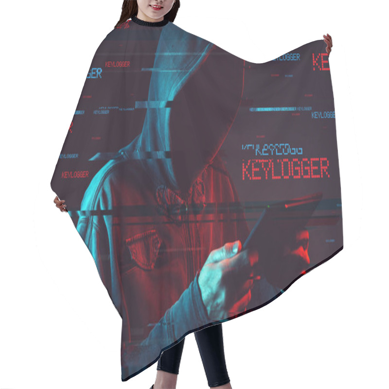 Personality  Keylogger Concept With Male Person Using Tablet Computer, Low Key Red And Blue Lit Image And Digital Glitch Effect Hair Cutting Cape