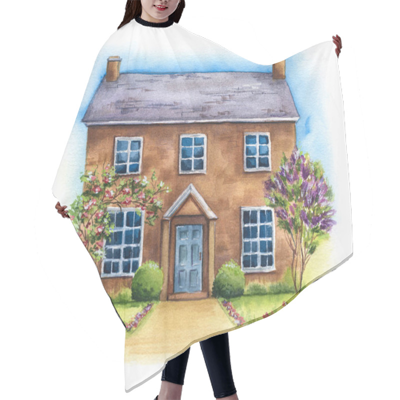 Personality  Traditional Two-storied English House On A Green Lawn With Lilac On White Background. Watercolor Hand Drawn Illustration Of British Cottage With Garden And Sky Hair Cutting Cape