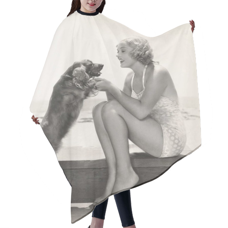 Personality  Woman Playing With Cocker Spaniel Hair Cutting Cape