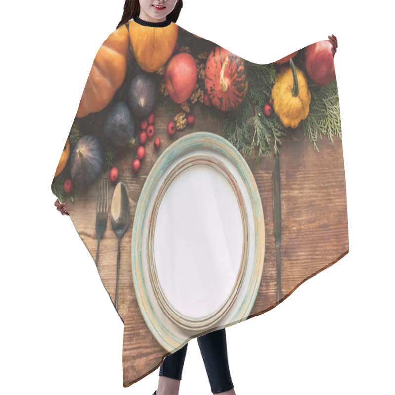 Personality  Top View Of Autumn  Table Setting With Beautiful Various Fruits And Vegetables Hair Cutting Cape