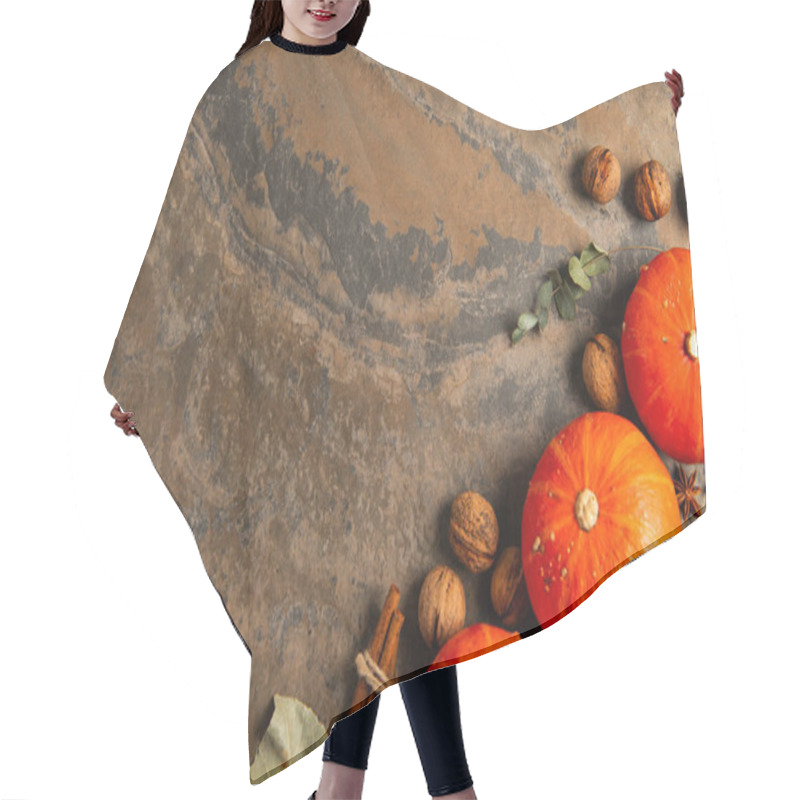 Personality  Ripe Orange Pumpkins Near Walnuts And Cinnamon Sticks On Textured Stone Backdrop, Thanksgiving Hair Cutting Cape