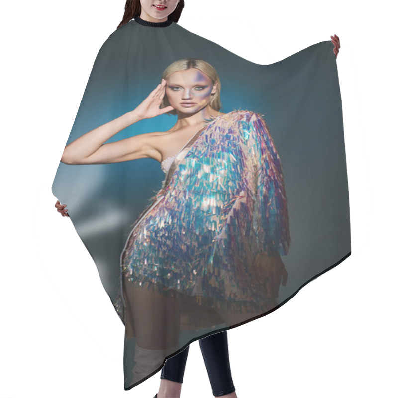 Personality  A Fashion Forward Woman Displays Striking Holographic Attire. Hair Cutting Cape