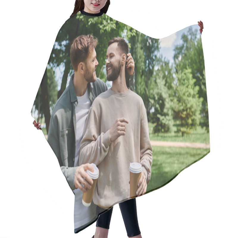 Personality  A Bearded Gay Couple Enjoys A Coffee Date In A Lush Green Park, Sharing A Tender Moment. Hair Cutting Cape