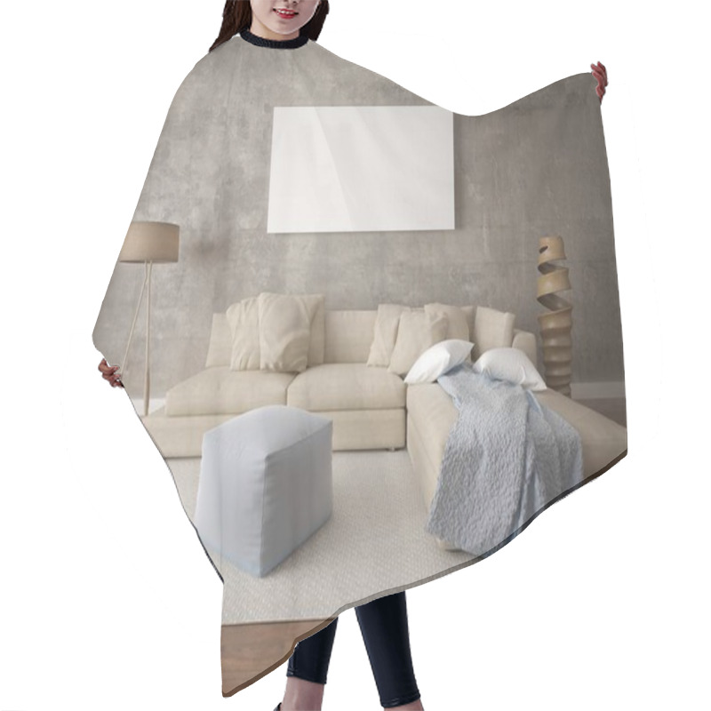 Personality  Mock Up A Modern Living Room With A Beige Corner Sofa And A Stylish Hipster Background. Hair Cutting Cape