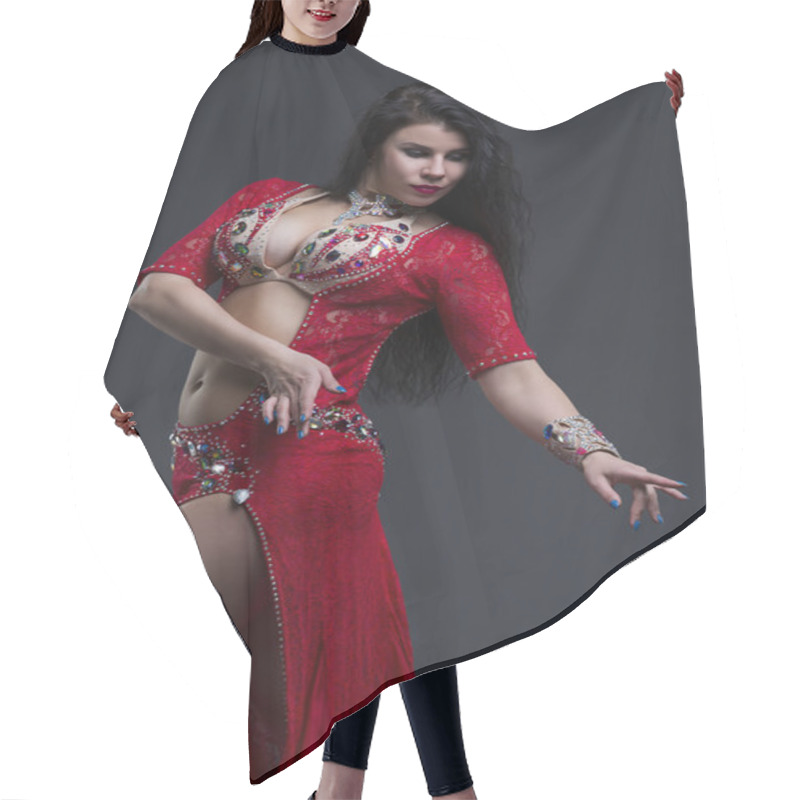 Personality  Young Beautiful Exotic Eastern Women In Ethnic Red Dress On Gray Background Hair Cutting Cape