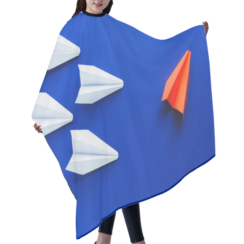 Personality  Top View Of White And Red Paper Planes On Blue Background, Leadership Concept  Hair Cutting Cape