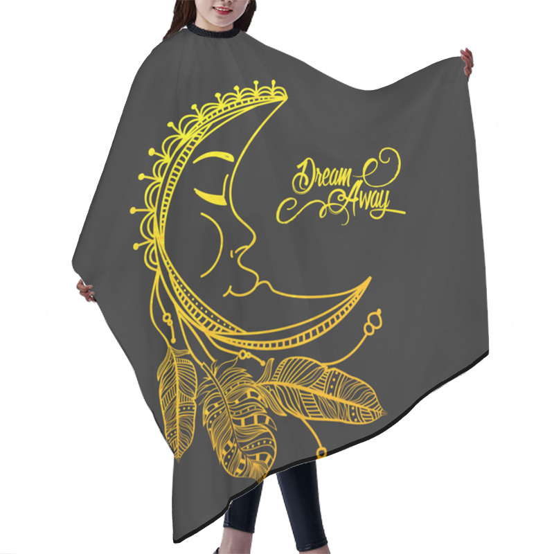 Personality  Golden Moon With Feathers In Boho Style. Hair Cutting Cape