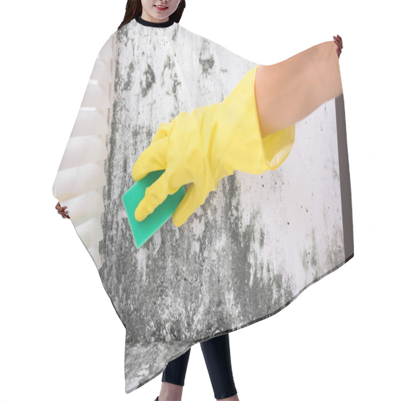 Personality  Close-up Of Woman Cleaning Mold From Wall Using Spray Bottle And Sponge Hair Cutting Cape