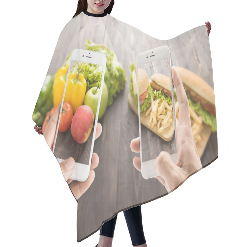 Personality  Friends Using Smartphones To Take Photos With Contrasting Food. Hair Cutting Cape