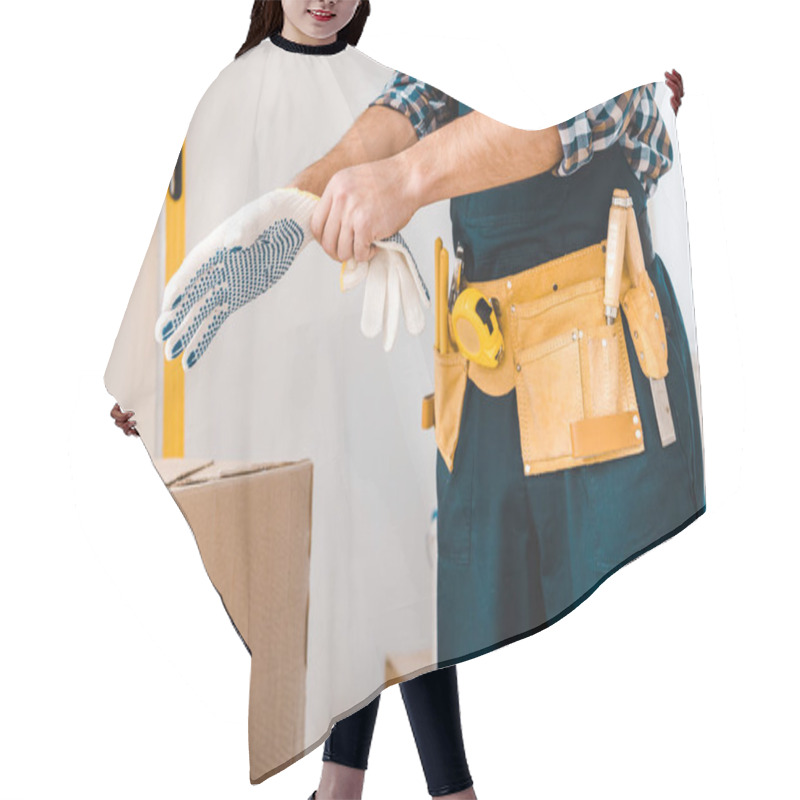 Personality  Cropped View Of Handyman Wearing Glove On Hand Hair Cutting Cape