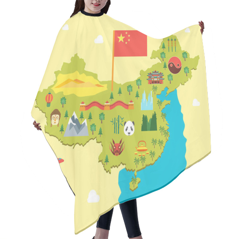 Personality  Cartoon Travel China Tourism Concept. Vector Hair Cutting Cape