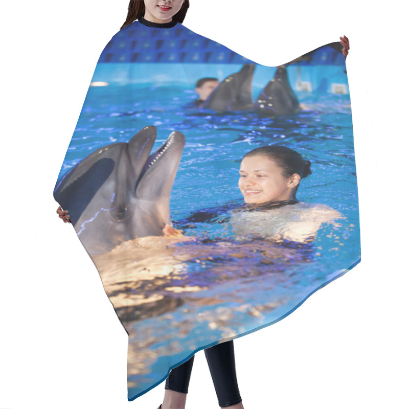 Personality  Young Woman Swimming With Dolphin At Dolpinarium Hair Cutting Cape