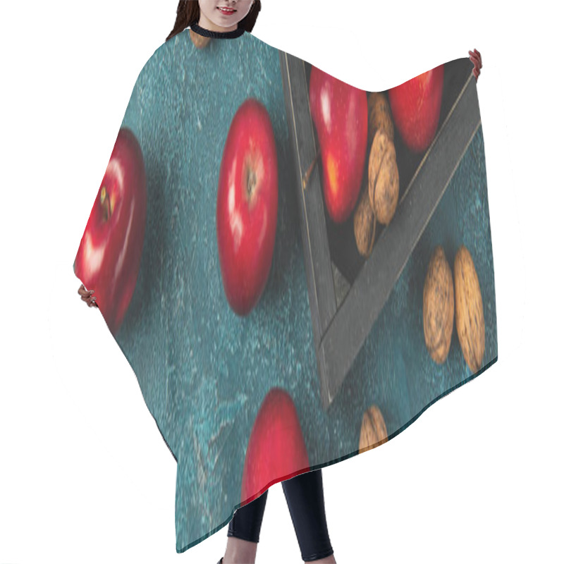 Personality  Black Wooden Tray And Red Apples With Walnuts On Blue Textured Surface, Thanksgiving Harvest, Banner Hair Cutting Cape