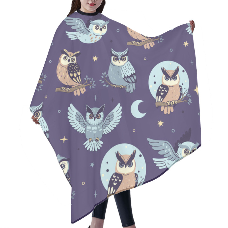 Personality  Seamless Pattern With Night Owls, Moon And Stars. Vector Image. Hair Cutting Cape