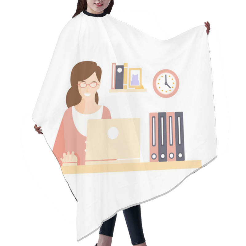 Personality  Happy Smiling Woman Office Worker In Office Cubicle Having Her Daily Routine Situation Cartoon Character Hair Cutting Cape