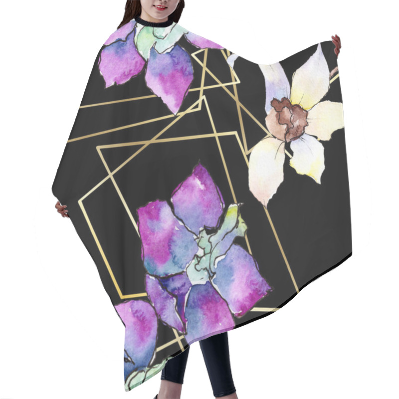 Personality  Purple And White Orchid Flowers. Seamless Background Pattern. Fabric Wallpaper Print Texture. Watercolor Background Illustration. Geometric Polyhedron Crystal Mosaic Shape. Hair Cutting Cape