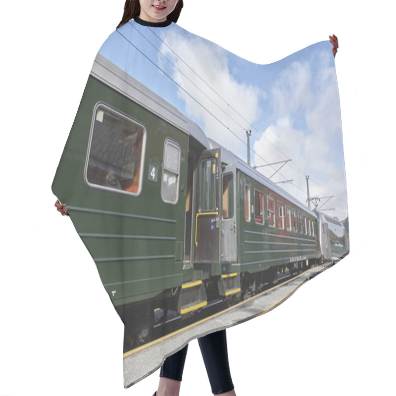 Personality  Flam Train Wagon In Norway. Norwegian Tourism Highlight. Railway Hair Cutting Cape