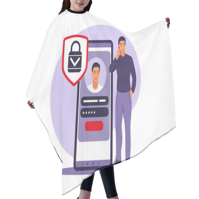 Personality  Sign Up Concept. Young Man Signing Up Or Login To Online Account On Smartphone App. Secure Login And Password. Vector Illustration. Flat. Hair Cutting Cape