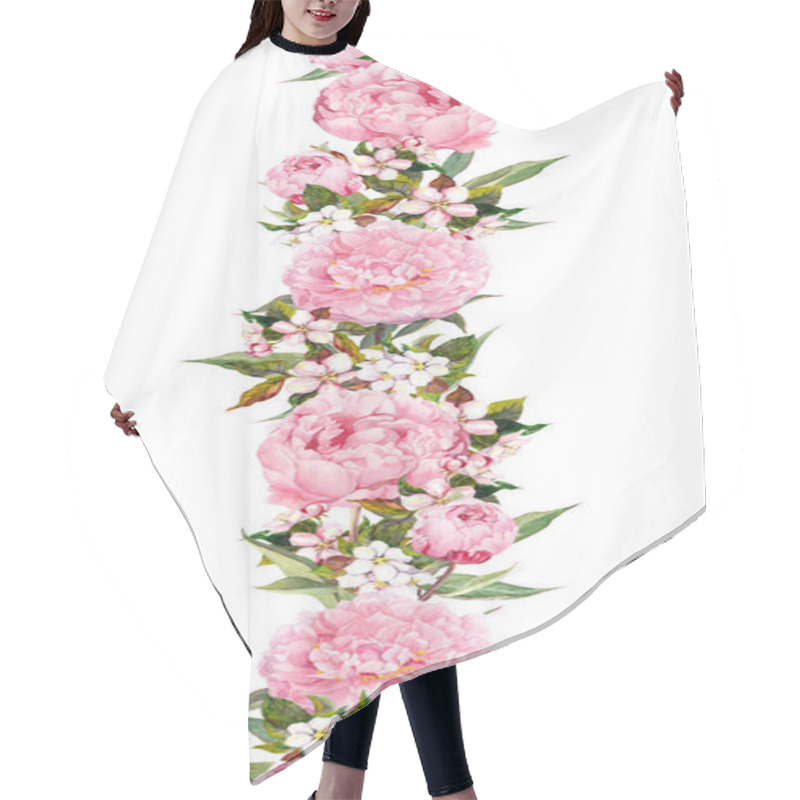 Personality  Floral Border - Peony And Cherry Blossom Flowers. Seamless Wedding Stripe. Watercolor Hair Cutting Cape